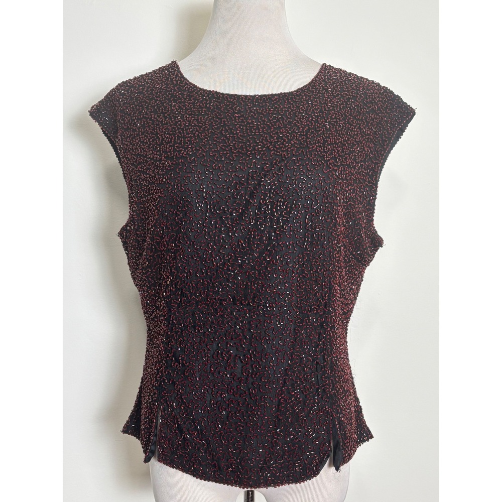 Laurence Kazar Womens Vintage Beaded Silk Top XL Going Out Formal Evening Blouse